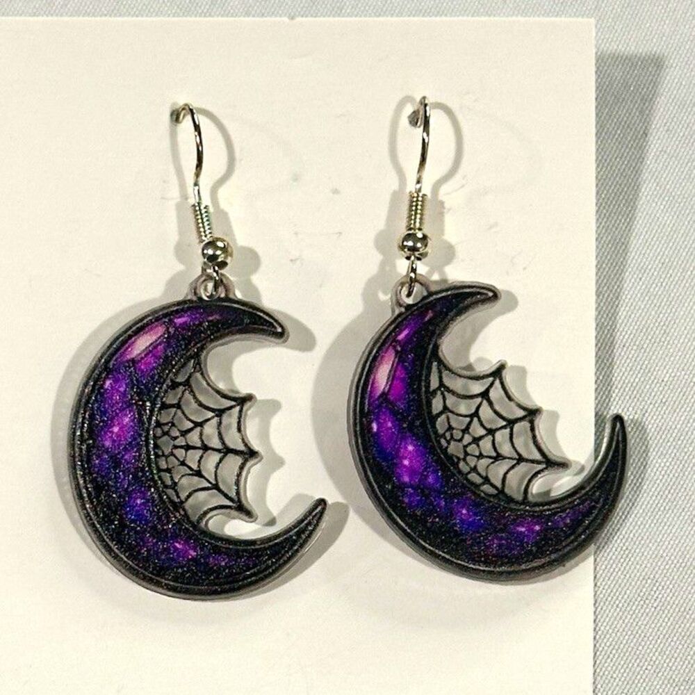 Halloween Crescent Moon Spider Web Earrings, Purple Galaxy Gothic Dangles